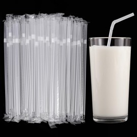 [100 Pcs] Individually Wrapped Disposable Plastic Straws - 8.26" Long and 0.24" Diameter Bendy Drinking Clear Straws for Coffee,Milk,Juice,Cocktail, Flexible Straw for Cold and Hot Drinks