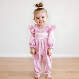 RSRZRCJ Newborn Baby Girl Clothes Long Sleeve Letter Embroidery Bow Plaid Bubble Onesie Romper Jumpsuit Fall Winter Outfit (Pink, 3-6 Months)