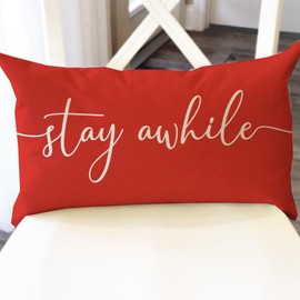 PANDICORN Modern Farmhouse Pillow Covers 12x20 with Words Stay Awhile Cozy Relax Sayings Red Outdoor Christmas Decorations Indoor Lumbar Decorative Pillow Case for Home Living Room Couch Sofa Decor