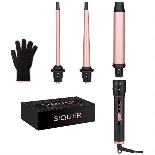 3 in 1 Curling Wand Set - SIQUER Hair Waver Curling Iron for Women with 3 Interchangable Ceramic Beach Waves Wands 1/2 Inch to 1 1/4 Inch Fast Heating Up Hair Curler with Gift Box (Rose, Black)