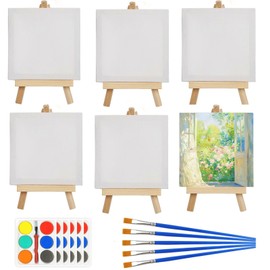GOTRUST Pack of 6 Mini Canvas with Easel 10 x 10 cm, Table Easel Wooden Small Set, Mini Easels with Art Canvas, Table Decoration Easels Kit for Display, Photos, Children, Painting