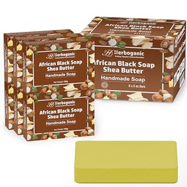 HERBOGANIC African Black Soap with Shea Butter - Natural, Moisturizing Handmade Soap Bar for Soft and Smooth Skin with a Spa-Like Experience Pack of 6 (100g)
