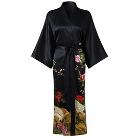 TicyLuck Women's Silk Kimono Robe Long Bathrobe Nightgown 100% Mulberry Silk for Women - Classic Floral Pattern (US, Alpha, One Size, Regular, Regular, Black)