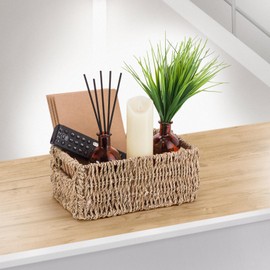 Woodluv Decorative Rectangular Handwoven Natural Seagrass Decor Storage Gift Hamper Display Basket With Inset Handles, Small, 26 x 15.5 x 11 cm (L/W/H)