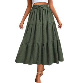 Adigaber Women's Skirt Long Elastic High Waist Maxi Midi Skirt Swiss Dot Casual Boho Skirts with Pockets and Drawstring, Green, M
