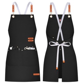 Teskyer Kitchen Cooking Apron with Pockets, Water Oil Resistant, Canvas Cross Back Aprons for Men Women Chef Server - Black