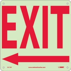 NMC GL16R Safety Sign with Left Arrow Sign, "EXIT", 10" Width x 10" Height, Rigid Plastic, Red on White,Yellow