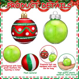 Knitgrip 18 Pcs Christmas Balls Ornament 2.5 Inch Glittering Hanging Xmas Balls Built in Lime Green Badminton for Tree Decoration Swirl Candy Cane Elf Balls for Home Indoor Holiday Party Decor