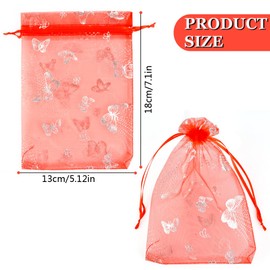 MAOOY 100 x Organza Bags for Filling, Gift Bags, 13 x 18 cm, Jewellery Bags, Small Bags, Gift Bags, Small for Christmas, Wedding, Birthday Party (Red, Silver Butterfly Pattern)