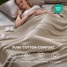 Bedsure 100% Cotton Blanket King Size for Bed - Cozy Soft Lightweight and Breathable, Basket Waffle Weave Blanket for Summer, Home Decor Gift for Women, Tan, 108x90 inches