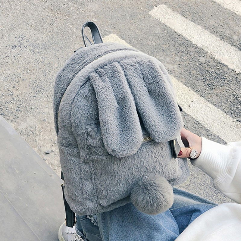 Women Bunny Backpack Plush Mini Fluffy Rabbit Ear Backpack Fuzzy