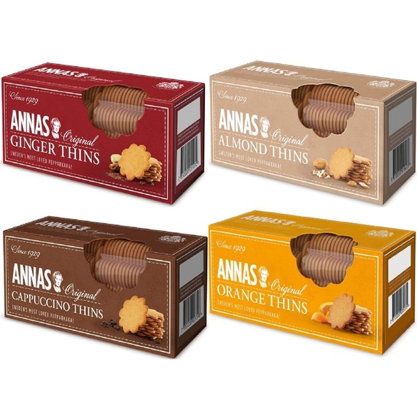 Annas Original Biscuit Selections - Orange Thins, Cappuccino Thins, Ginger Thins & Almond Thins pepparkaka Biscuits