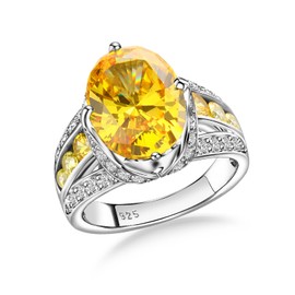 AGRULE Created Citrine Ring 925 Sterling Silver Big 11.85 Carat Big Gemstone Signet Ring Cocktail Party Ring November Birthstone Ring for Me Women with Thick Band, Size 9