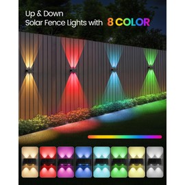 Bridika Solar Fence Lights Outdoor, 6 Pack Up and Down Wall Light, 8 Colors Lens LED Dusk to Dawn Solar Lights Outdoor Waterproof for Patio, Deck, Backyard, Garden