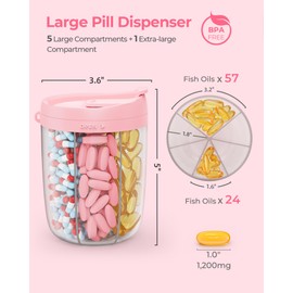 AMOOS Large Pill Dispenser with 6 Compartments, Anti-Mix Pill Bottle Organizer with Wide Opening & Easy Retrieval, Vitamin Organizer for Travel, BPA-Free Pill Box with a Strap and 20 Sticky Labels