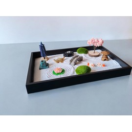 ZEN&TAO Classic Desktop Zen Garden with Abundant (Over 20) Accessories Sitting in Large Black Original Wood Tray and 7pcs Toolset Encased in Metal Box (CHAKRA GEMSTONES)