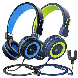 [2 Pack] iClever Kids Headphones with Microphone - Sharing Splitter - Headphones for Boys Girls with Safe Volume Limited 85dB/94dB, Adjustable Foldable Headphones for Online School/Travel/Tablet