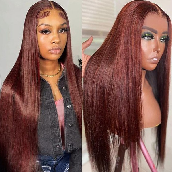 Maycaur Reddish Orange Color Lace Front Wigs Long Straight Hair Dark Orange Color Wigs for Fahison Women Synthetic Lace Front Wigs with Natural Baby Hair 24 Inch