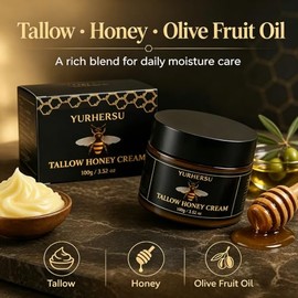 Tallow Honey Cream, Moisturizing Face & Body Balm with Tallow, Honey, Olive Fruit Oil, Deep Hydration for Dry, Rough Skin, Improving Skin Elasticity for All Skin, Fast-Absorbing, 3.52 oz