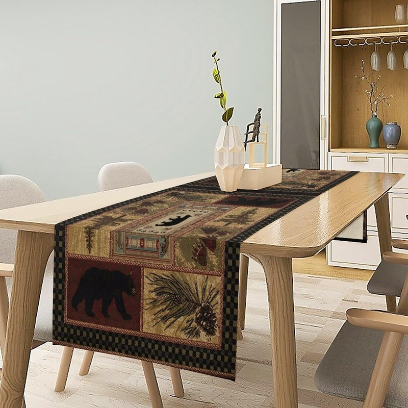 XBDDZSW Rustic Bear Table Runner Retro Pine Cabin Farmhouse Style