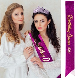 VELSCRUN Birthday Queen Tiara Crowns for Women Girls Purple Crystal Birthday Queen Headband Sash Elegant Princess Crown Happy Birthday Party Decorations Mom Sisters Birthday Gift Hair Accessories