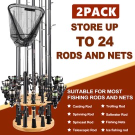 PLUSINNO 2PACK V12 Fishing Rod Holders for Garage, Vertical Fishing Pole Holders Wooden Round Floor Stand, Fishing Rod Rack Holds up to 24 Rods or Fishing Nets Storage Organizer Racks