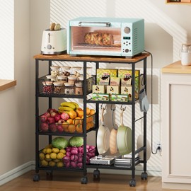 Rolling Kitchen Storage Microwave Cart, Kitchen Island with Adjustable Shelf on Lockable Wheels, Countertop 27.75"L × 15.35"W, Bakers Rack with Tilt-Out Baskets, for Kitchen, Coffee Bar, Living room
