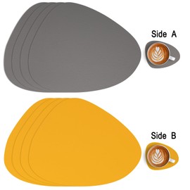 Myir JUN Leather Table Mats and Coasters, Placemat Round PU Waterproof Dual-Sided Kitchen Place Mats Coffee Mats Non-Slip Washable Placemats and Coaster Sets 4 (Set of 4, Grey Yellow)
