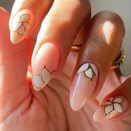 Almond Shape Press On Nails Medium Length Apictseoo French Tip Acrylic Glue on Nails Nude White Flower Design Glossy Stick Full Cover 12 Sizes 24 Pcs Fake False Nail for Women YS-SSHD