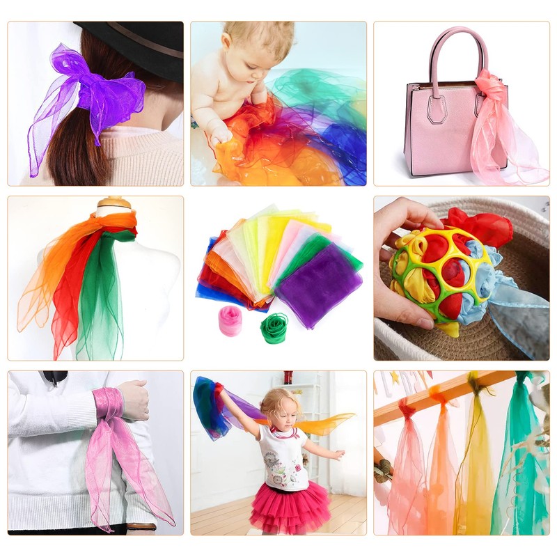 ABSOFINE Pack of 12 Colourful Juggling Cloths, Nursery Cloths, Chiffon