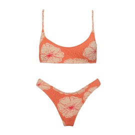VOLAFA Women's Triangle Bikini Set Smocked Textured Scoop Frilled Print Ruched Elastic Swimsuit Two Piece Bathing Suit (Coral Orange, Medium)