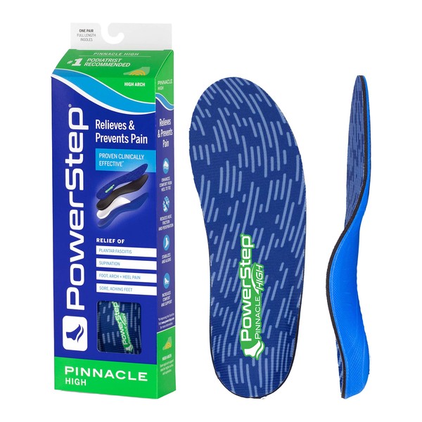 PowerStep Insoles, Pinnacle High Arch, Pain Relief Insole, Supination, High Arch Support Orthotic For Women and Men, M7/W9
