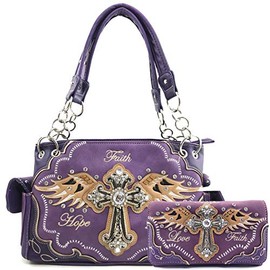 Justin West Women's Concealed Carry Angel Wings Cross Faith Hope Love Western Handbag Tote Purse (Purple Handbag Wallet Set)