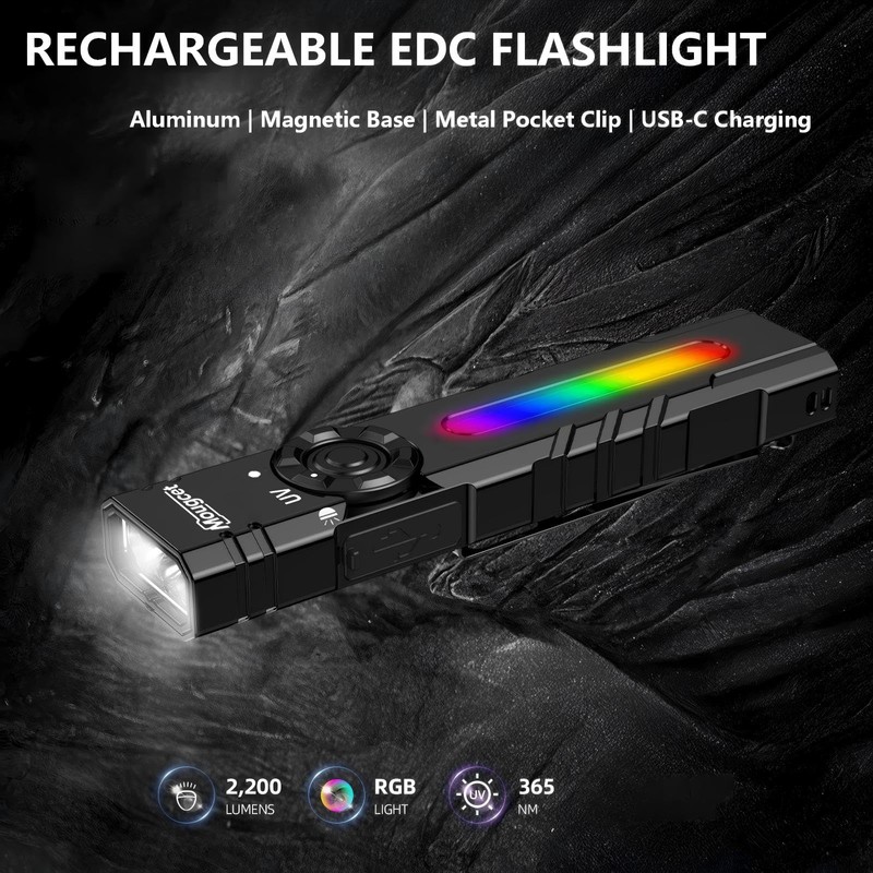 Mougcet Rechargeable EDC Flashlight 2200 Lumens, Flat Pocket Flashlight with
