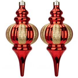 Hollyone 26x11cm Large Christmas Finial Bauble, 2PCS Red & Gold Xmas Ball for Christmas Tree Decorations, Glittery Stripe Baubles Giant Hanging Ornaments for Tree Decor, Wedding, Party, Wreath