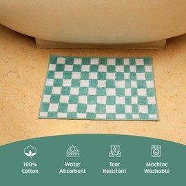 Folkulture Bathroom Rugs | (24 X 17) Bath Mats for Bathroom | 100% Cotton Bathrug or Shower Mats | Non Slip Tub Mat, Farmhouse Bathmat | Small Boho Bath Room Rug, Washable Toilet Mat (Checker Aqua)