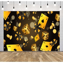 Loccor 9x6ft Fabric Casino Poker Backdrop Golden Playing Cards Dices and Coins Photography Background for Casino Birthday Party Decorations Photo Studio Props