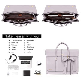 MOSISO Laptop Bag for Women, 13-14 inch PU Leather Laptop Shoulder Bag Convertible Backpack, 13.3 inch Messenger Bag Casual Handbag Work Briefcase Travel Computer Bag with Bowknot, Dusty Lilac