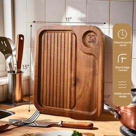 MAVOTER Acacia Wood Steak Plates,Carnivore Cutting Board for Eating, Carved Meat Wooden Plate, Food Serving Tray,Cheese Charcuterie Board with Deep Grooves & Hidden Handles (1)