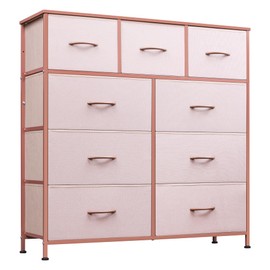 WLIVE 9-Drawer Dresser, Fabric Storage Tower for Bedroom, Hallway, Nursery, Closet, Tall Chest Organizer Unit with Fabric Bins, Steel Frame, Wood Top, Easy Pull Handle, Pink