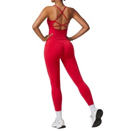 RXRXCOCO Strappy Back Workout Sets for Women 2 Piece Padded Tank Tops Hidden Scrunch Butt Lifting Leggings with Pockets Red Large