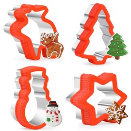 Christmas Cookie Cutters Set, Sandwich Cutters with Comfort Grip (PP), Holiday Biscuit Cutter, Large Stainless Steel cookie Cutters in Snowman, Christmas Tree, Star, and Reindeer Shapes for Baking