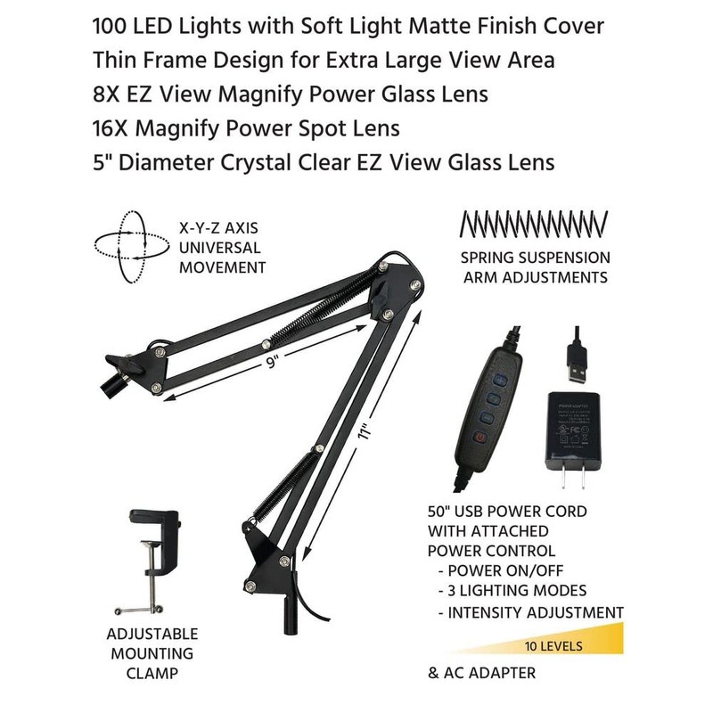 iGaging Magnifier LED Light Desk Magnifying Glass Lamp 8X 16X