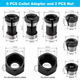VooGenzek 6 Pieces 6 mm / 6.35 mm / 8 mm Router Collet Chuck, Straight Grinder Replacement Collet Chuck Adapter with 2 Pieces Clamping Nut for Woodworking, Engraving, Trimming Machine, Tools
