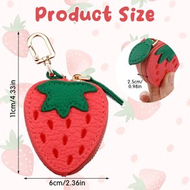 Mabor Strawberry Coin Purse, Zippered Coin Pouch Pink PU Leather Portable Zipper Mini Fruit Wallet with Keychain for Women Girls, Fruit Charm for Bag Handbag
