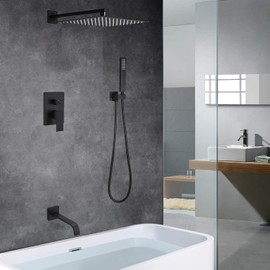Heable Matte Black Shower Faucet Set with Tub Spout Bathroom Rainfall 12 Inch Shower Head System with Handheld Single Handle Shower Trim Kit with Rough-in Valve