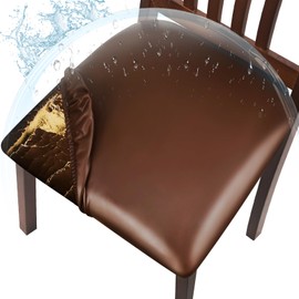 WUSOUPU Leather Seat Covers for Dining Chairs Waterproof Chair Seat Covers Set of 6 Oilproof & Wipeable Kitchen Chair Seat Covers Protector with Buckle Strap (Coffee, 6 Pcs)