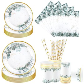 Aitsite Eucalyptus Leaf Party Tableware Set, 20 Guests Eucalyptus Leaf Plate Set, Eucalyptus Leaf Birthday Tableware, Children's Birthday Plates, Cups, Napkins