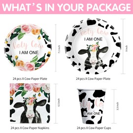 APOWBLS Holy Cow I'm One Birthday Decorations Girl Tableware, Cow Print First Birthday Party Supplies, Plate, Cup, Napkin, Tablecloth, Cutlery, Straw, Cow Theme 1st Birthday Decorations | Serve 24