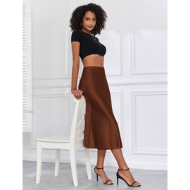 ZAFUL Women Satin Silk Midi Skirts Elegant High Waist Hidden Side Zipper Elastic Waist Flared A Line Skirts (Brown,M)